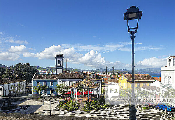 Portugal  Azores  Ribeira Grande  Town square gazebo on sunny day with street light in foreground