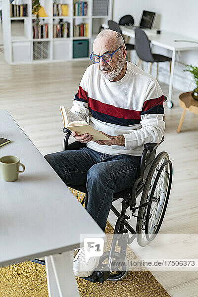 Serious senior businessman on wheelchair reading diary at home office