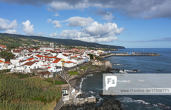 Portugal  Azores  Vila Franca do Campo  Drone view of town on southern edge of Sao Miguel Island