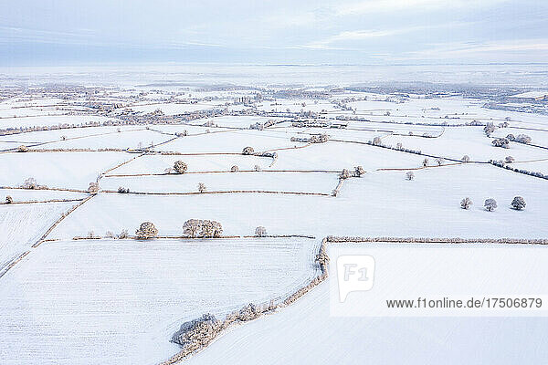 UK  England  Lichfield  Aerial view of snow-covered fields