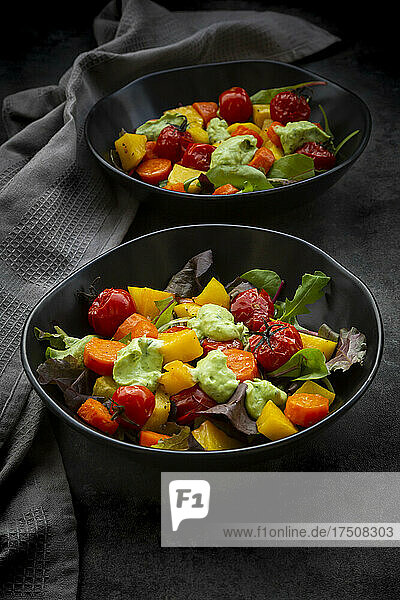 Studio shot of two bowls of vegan salad with baked vegetables