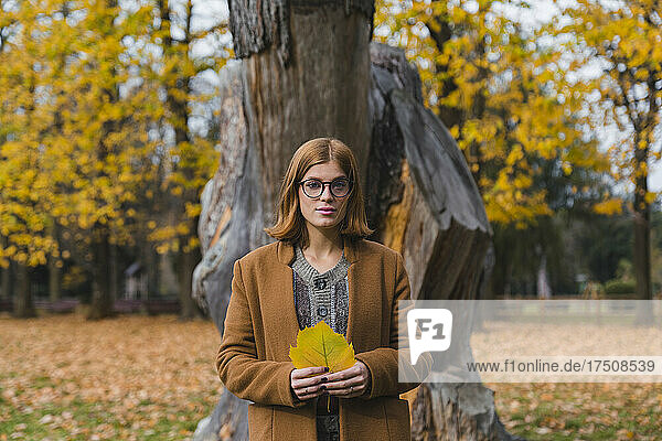 Serious young woman holding autumn leaf in park