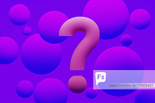 Three dimensional render of question mark surrounded by purple spheres