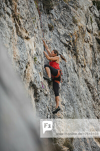 Determined woman climbing rocky mountain
