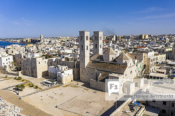 Italy  Province of Bari  Molfetta  Drone view of Church of Saint Conrad and surrounding houses in summer