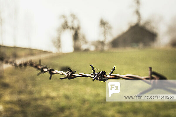 Old barbed wire fence with farmhouse in background