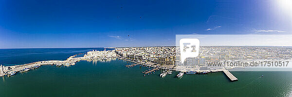 Italy  Province of Bari  Molfetta  Drone panorama of coastal town in summer