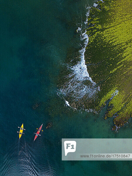 Indonesia  Bali  Nusa Dua  Aerial view of people kayaking near coast