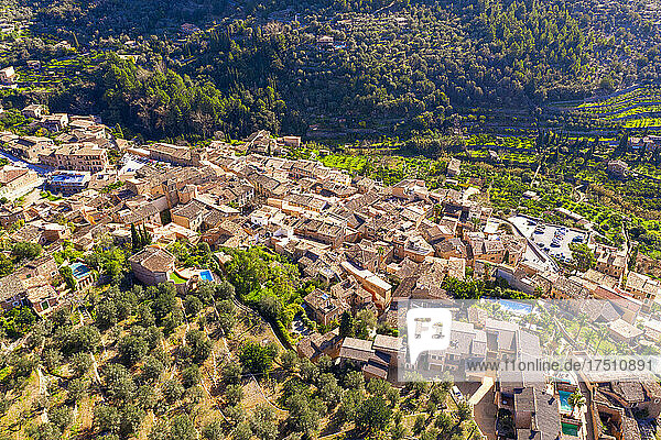 Spain  Mallorca  Fornalutx  Drone view of countryside village in Serra de Tramuntana