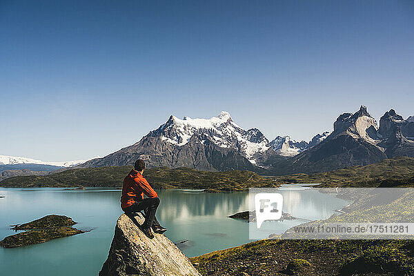 Man admiring view of Lake Pehoe in Torres Del Paine National Park  Chile Patagonia  South America