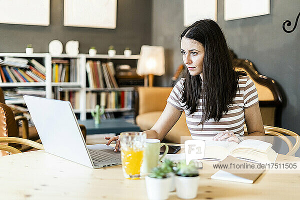 Schöne Frau benutzt Laptop beim Lernen im Café