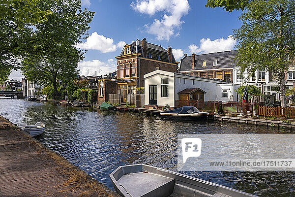 Netherlands  South Holland  Leiden  Boats and houses along city canal
