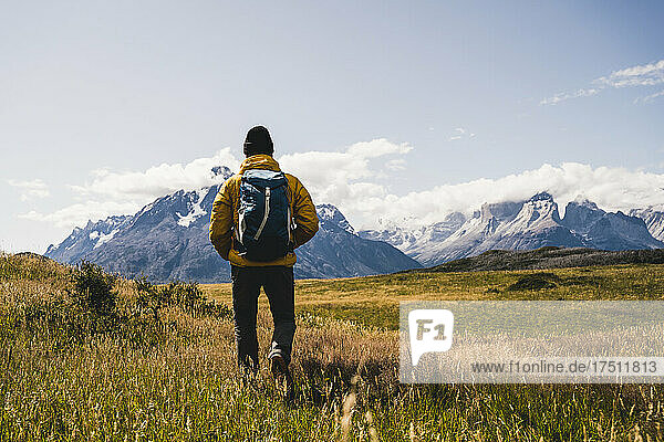 Man hiking on mountain of Torres Del Paine National Park  Patagonia  South America