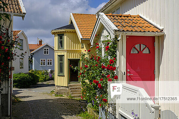 Sweden  Vastra Gotaland County  Fiskebackskil  Flowers blooming in front of cottage entrance door in summer