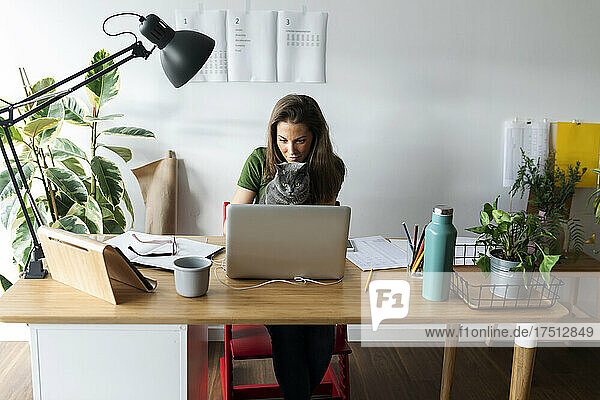 Businesswoman with cat using laptop on desk in home office