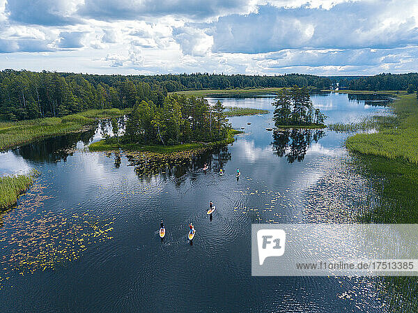 Aerial view of paddleboarders in Vuoksi river