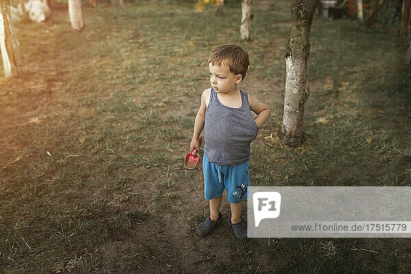 Small blonde boy standing in garden wearing blue shorts and hold