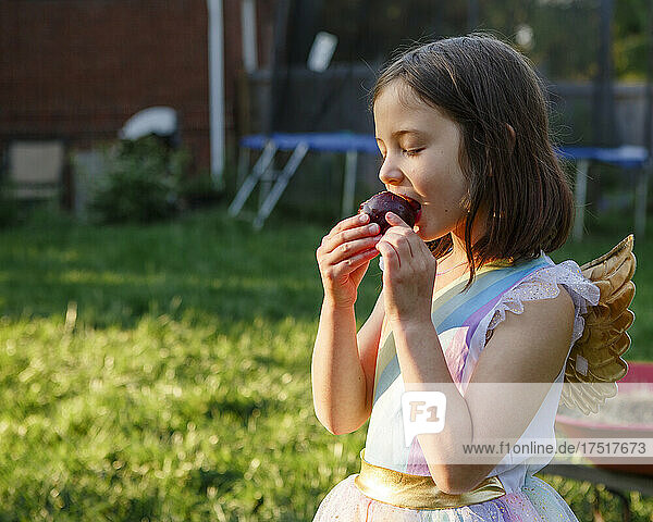 A small child in costume with golden wings eats juicy plum in sunshine