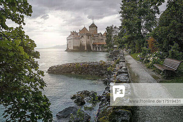 chillon castle and park at sunset