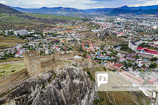 Aerial of the Genoese fortress of Sudak  Crimea  Russia  Europe