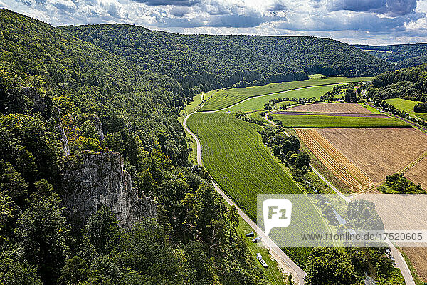 Aerial of the Geissenkloesterle  UNESCO World Heritage Site  Caves and Ice Age Art in the Swabian Jura  Baden-Wurttemberg  Germany  Europe