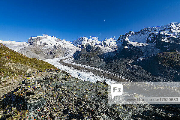 Mountains and Glacier on the Pennine Alps  Gornergrat  Zermatt  Valais  Switzerland  Europe
