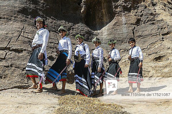 Young man and boys of the Qahtani flower tribe  Asir Mountains  Kingdom of Saudi Arabia  Middle East