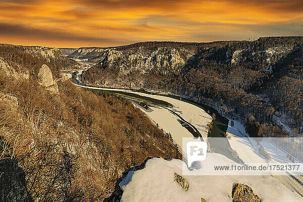 View from Eichfelsen Rock into Danube Gorge and Werenwag Castle at sunset  Upper Danube Nature Park  Swabian Alps  Baden-Wurttemberg  Germany  Europe