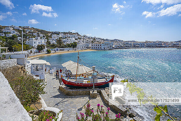 Elevated view of restaurant and town  Mykonos Town  Mykonos  Cyclades Islands  Greek Islands  Aegean Sea  Greece  Europe