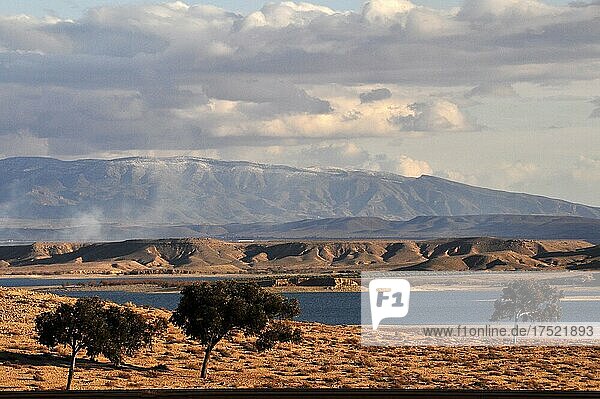 Inland lake in barren landscape of Rif Mountains
