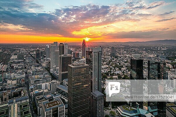 Aussicht über Frankfurt bei Sonnenuntergang  Hochhäuser und Straßen  aufgenommen vom Maintower  Frankfurt am Main  Hessen  Deutschland  Europa