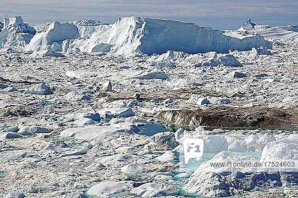 Aussicht über den weiten Eisfjord  Bucht  Sermermuit  Ilulissat  Arktis  Nordamerika  Grönland  Dänemark  Nordamerika
