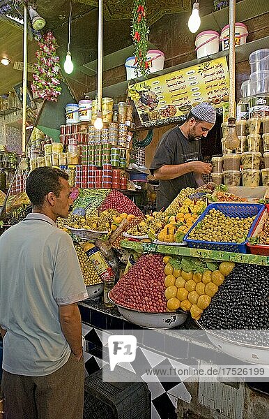 Market stall with olives  Marrakech  Morocco  Africa