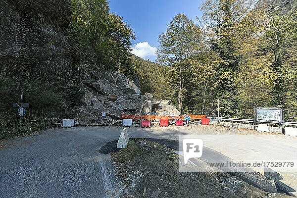 Felssturz an einer engen Straße  Canobio  Piemont  Italien  Europa