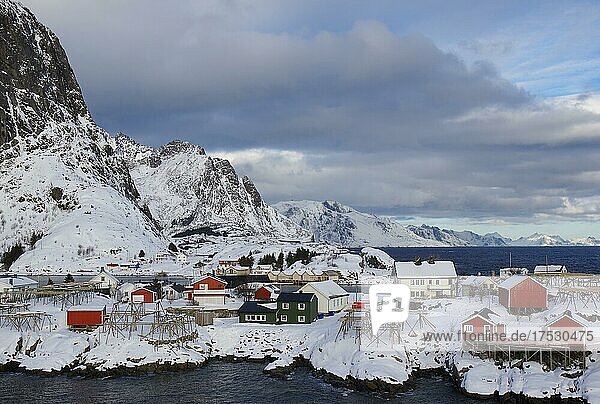 Winterliche  nordische Landschaft mit roten Häusern  Rorbuer  Meer  Berge  Schnee  Hamnøy  Nordland  Lofoten  Norwegen  Europa