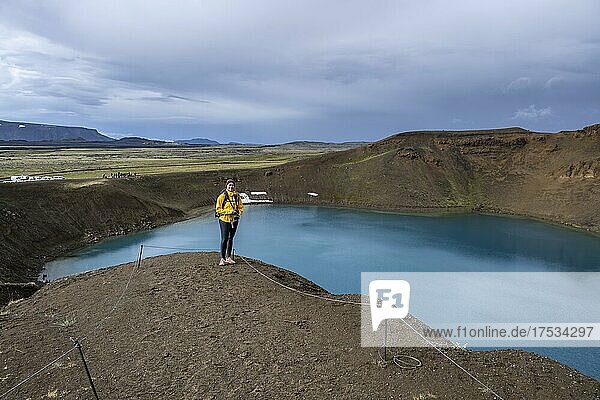 Tourist  volcanic lake  crater lake Viti at the central volcano Krafla  Myvatn  North Iceland  Iceland  Europe