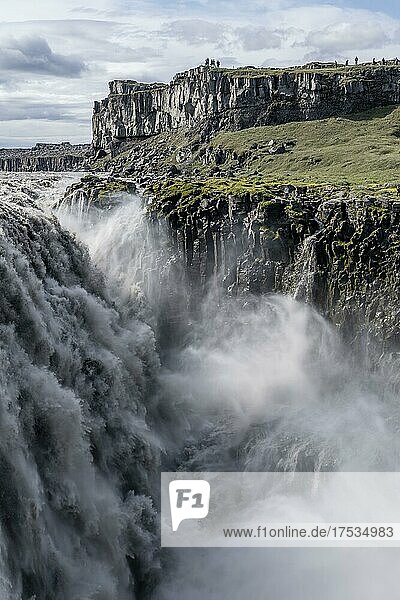 Woman standing in front of gorge  canyon with falling water masses  Dettifoss waterfall in summer  North Iceland  Iceland  Europe