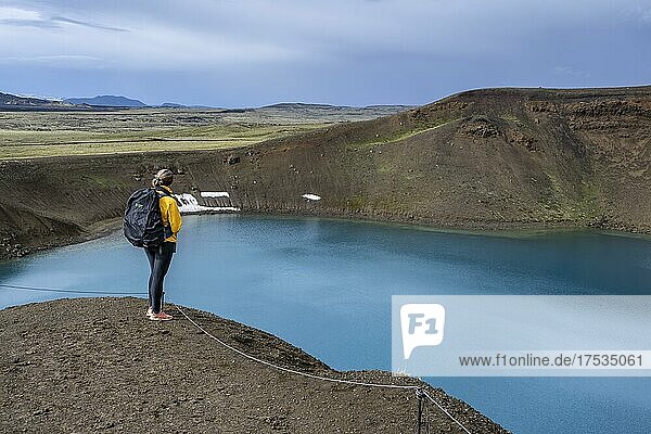 Tourist  volcanic lake  crater lake Viti at the central volcano Krafla  Myvatn  North Iceland  Iceland  Europe