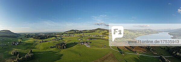 Drohnenaufnahme  Agrarlandschaft mit Bauernhöfen bei der Ortschaft Laiter am Irrsee  Salzkammergut  Oberösterreich  Österreich  Europa