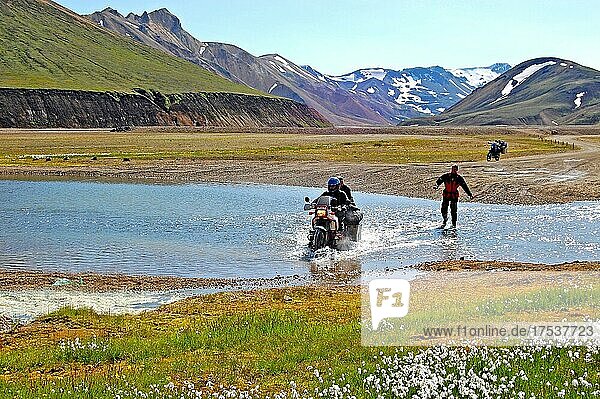 Watery fords in the colourful highlands of Landmannalaugar  Iceland  Europe
