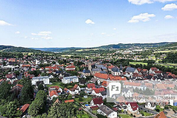 Germany  Hesse  Steinau an der Strasse  Aerial view of Schloss Steinau and surrounding houses in summer