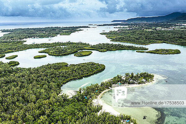 Mauritius  Helicopter view of bays of Ile aux Cerfs island