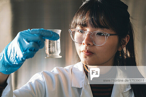 Young scientist wearing eyeglasses examining solution in glassware