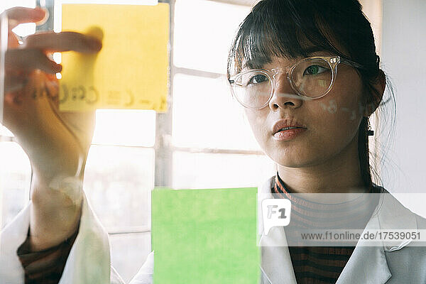 Young scientist sticking adhesive note on transparent glass