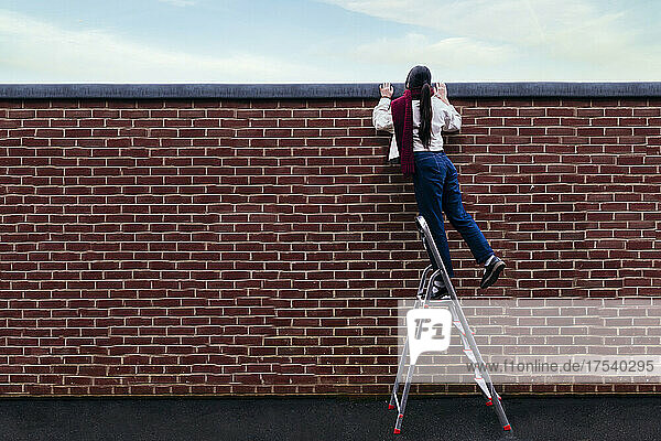 Young woman standing on ladder peeking over wall