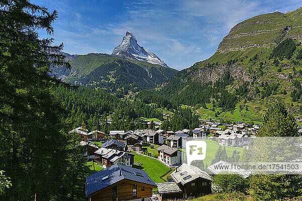 Townscape with Matterhorn mountain on sunny day at Zermatt  Switzerland