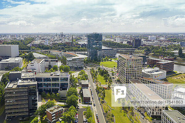Germany  Bremen  Aerial view of financial district with Weser Tower and Bomers Spitze