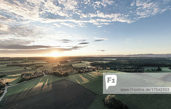 Aerial view of countryside landscape at springtime sunrise