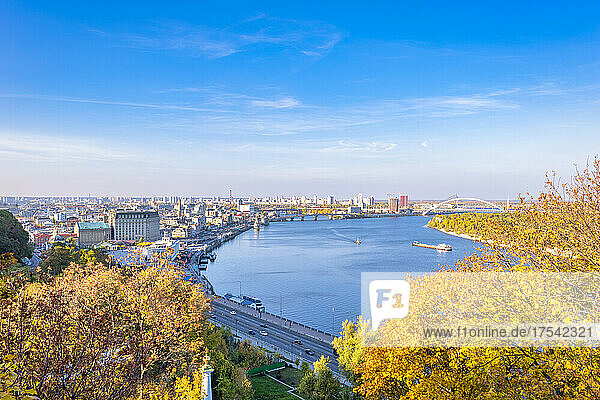 Ukraine  Kyiv  Aerial view of riverside city on sunny autumn day