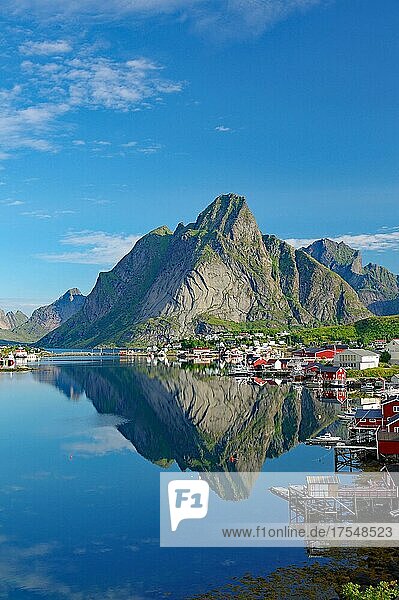 Ortsansicht  Reinefjord mit Bergen und roten Holzhäusern  Häuser und Berge spiegeln sich im Fjord  Reine  Moskenesöy  Lofoten  Nordland  Norwegen  Europa